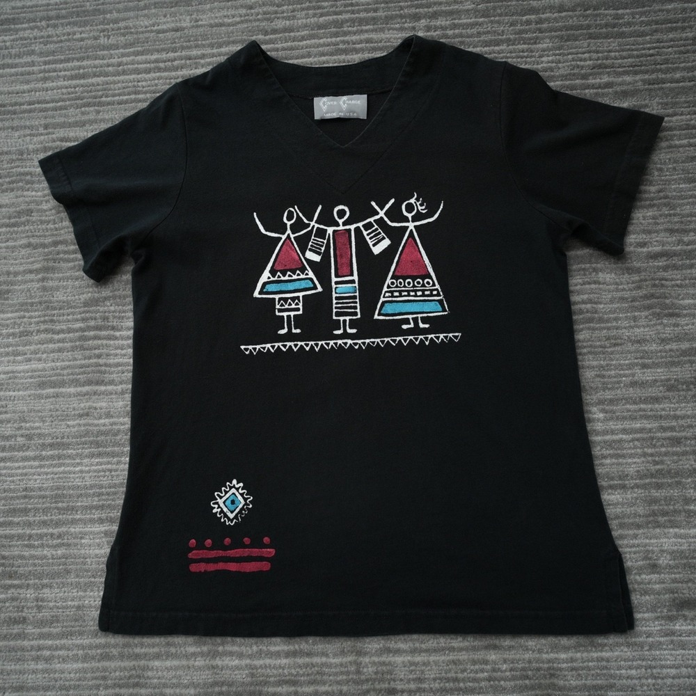 Cover Charge Shirt V-Neck Women Black Vintage Cotton Made In USA SS Small